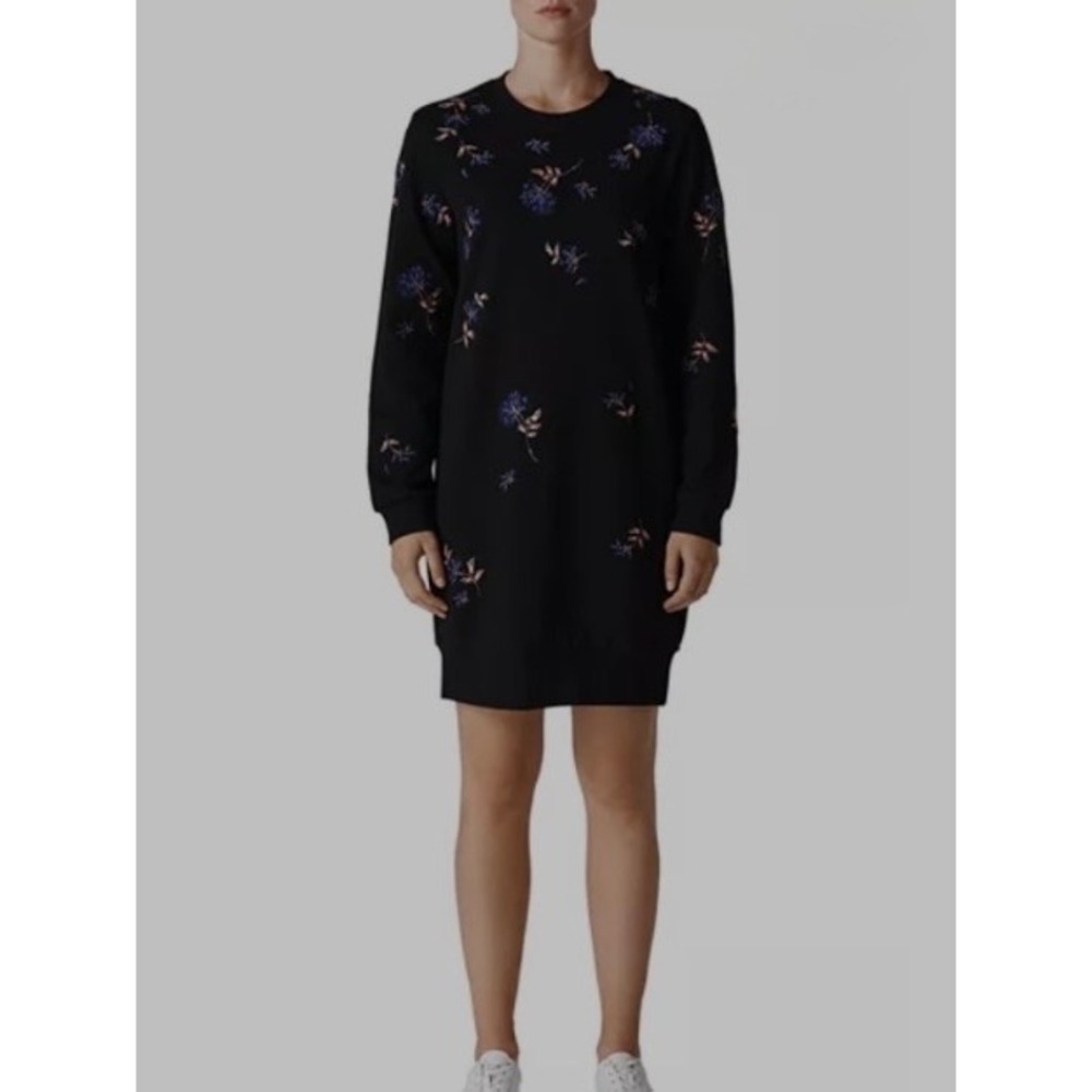 Whistles Black Embroidered Floral Long Sweatshirt Dress Small Cottagecore